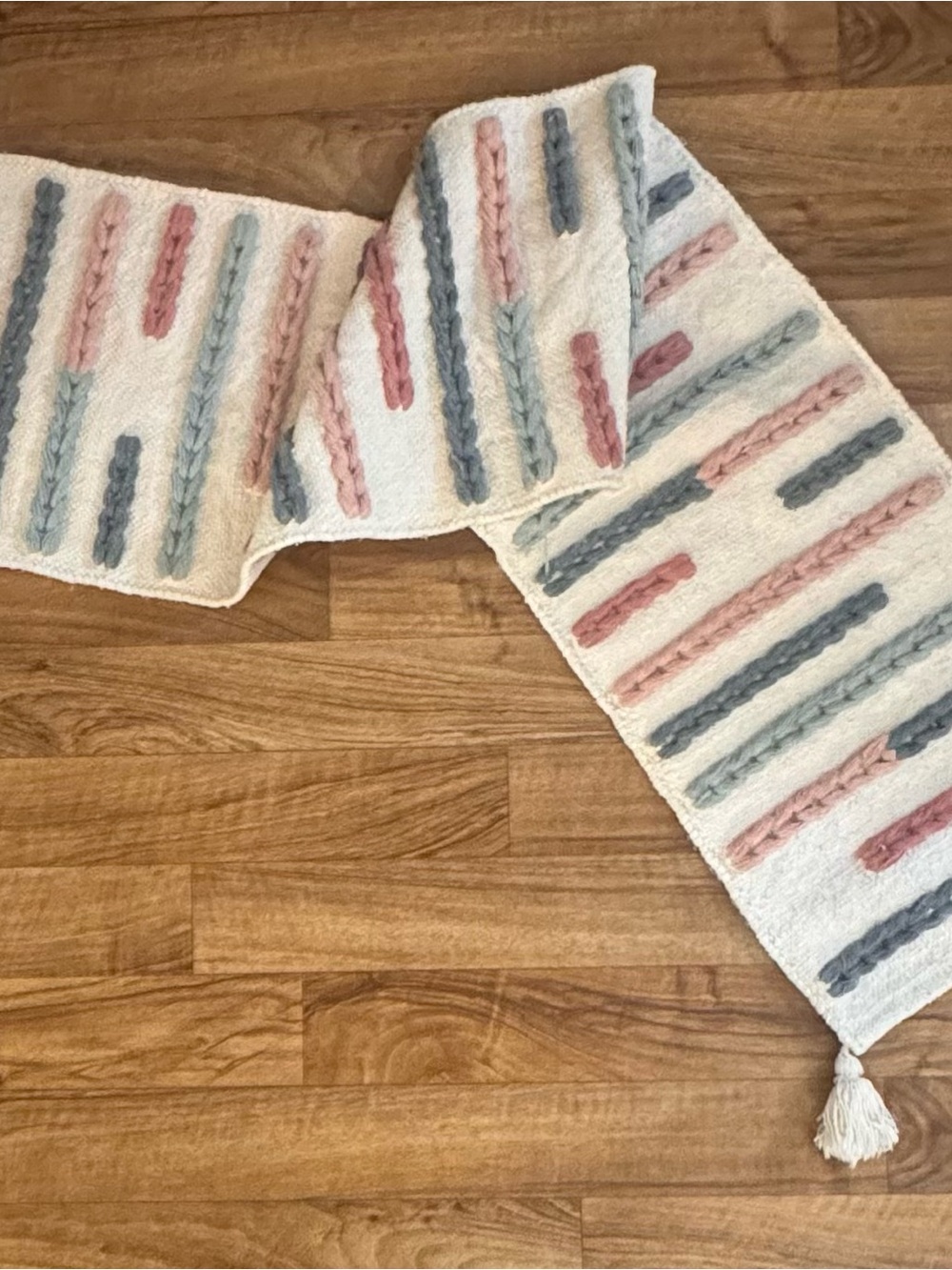 Boho Tufted Table Runner 14 x 72 Cream Green Mauve Tassels